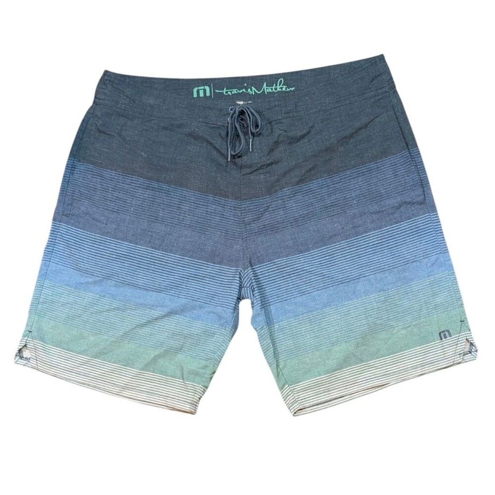Travis Mathew Mens Striped Board Shorts Blue Green White Size 38 Swim Trunks